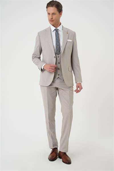Slim Fit Çift Yırtmaç Keten Karışımlı Yelekli Klasik Taş Takım Elbise  Tk 914