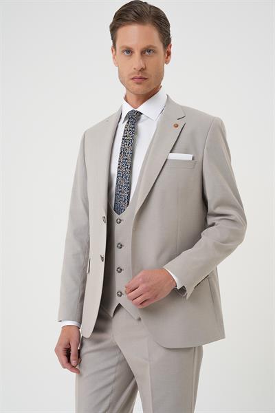 Slim Fit Çift Yırtmaç Keten Karışımlı Yelekli Klasik Taş Takım Elbise  Tk 914