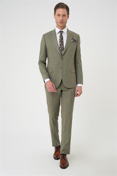Slim Fit Çift Yırtmaç Keten Karışımlı Yelekli Klasik Haki Takım Elbise  Tk 914