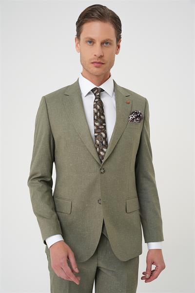 Slim Fit Çift Yırtmaç Keten Karışımlı Yelekli Klasik Haki Takım Elbise  Tk 914