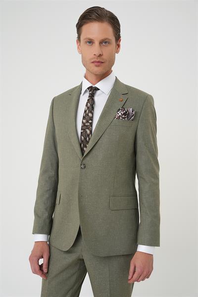 Slim Fit Çift Yırtmaç Keten Karışımlı Yelekli Klasik Haki Takım Elbise  Tk 914