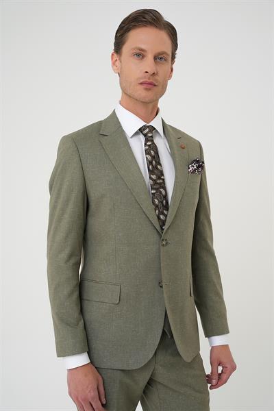 Slim Fit Çift Yırtmaç Keten Karışımlı Yelekli Klasik Haki Takım Elbise  Tk 914