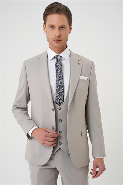 Slim Fit Çift Yırtmaç Keten Karışımlı Yelekli Klasik Taş Takım Elbise  Tk 914