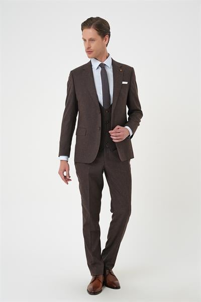 Slim Fit Çift Yırtmaç Keten Karışımlı Yelekli Klasik Kahve Takım Elbise  Tk 914