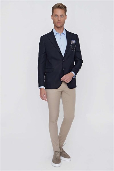 Slim Fit Çift Yırtmaç Kırangıç Yaka Armürlü Lacivert Blazer Ceket C 630