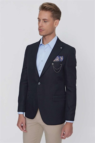 Slim Fit Çift Yırtmaç Kırangıç Yaka Armürlü Lacivert Blazer Ceket C 630
