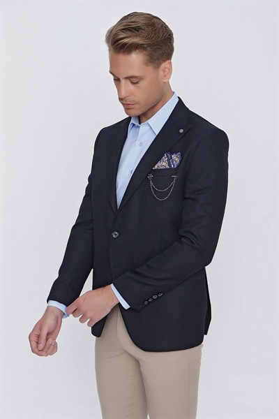 Slim Fit Çift Yırtmaç Kırangıç Yaka Armürlü Lacivert Blazer Ceket C 630