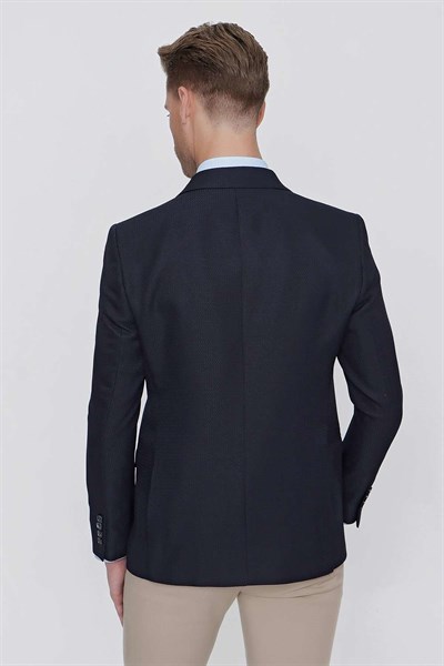 Slim Fit Çift Yırtmaç Kırangıç Yaka Armürlü Lacivert Blazer Ceket C 630