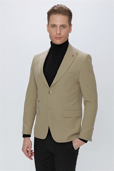 Slim Fit Çift Yırtmaç Kırangıç Yaka Düz Bej Blazer Ceket C 632