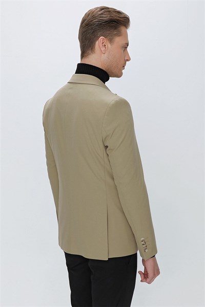 Slim Fit Çift Yırtmaç Kırangıç Yaka Düz Bej Blazer Ceket C 632
