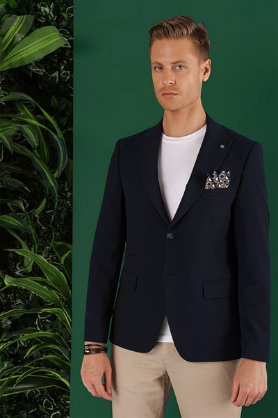 Slim Fit Çift Yırtmaç Kırangıç Yaka Düz Lacivert Blazer Ceket C 632