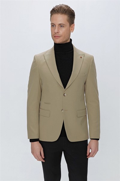 Slim Fit Çift Yırtmaç Kırangıç Yaka Düz Bej Blazer Ceket C 632