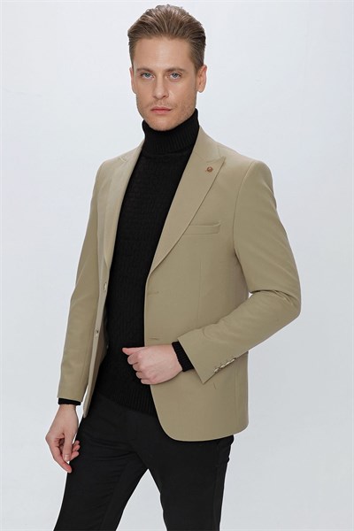 Slim Fit Çift Yırtmaç Kırangıç Yaka Düz Bej Blazer Ceket C 632