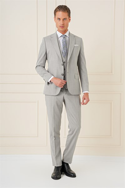 Slim Fit Çift Yırtmaç Kırçıllı Dokuma Gri Yelekli Takım Elbise TK 902