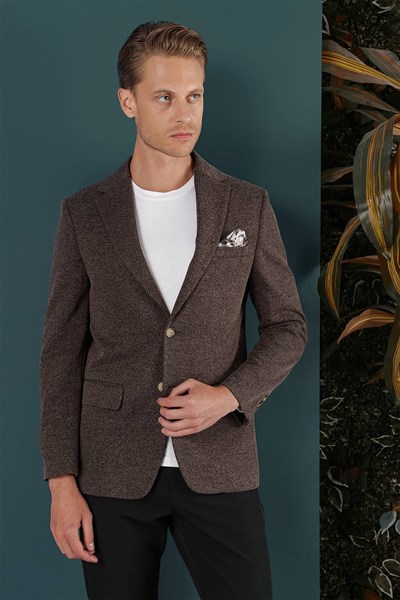 Slim Fit Çift Yırtmaç Kırçıllı Dokuma Esnek Yünlü Kahverengi Ceket C 653