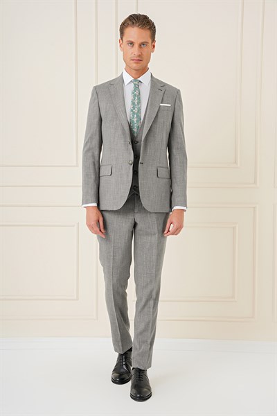 Slim Fit Çift Yırtmaç Kırçıllı Dokuma Haki Yelekli Takım Elbise TK 902