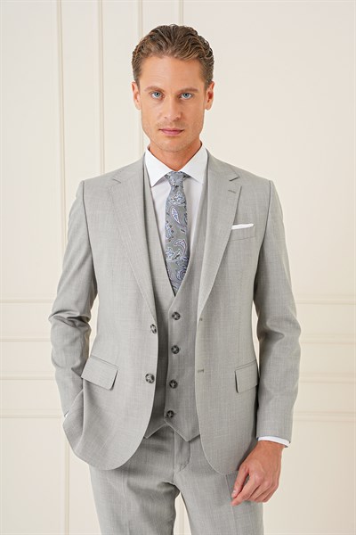 Slim Fit Çift Yırtmaç Kırçıllı Dokuma Gri Yelekli Takım Elbise TK 902