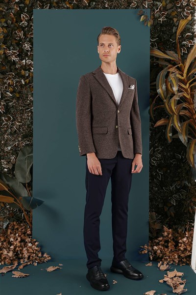 Slim Fit Çift Yırtmaç Kırçıllı Dokuma Esnek Yünlü Kahverengi Ceket C 653