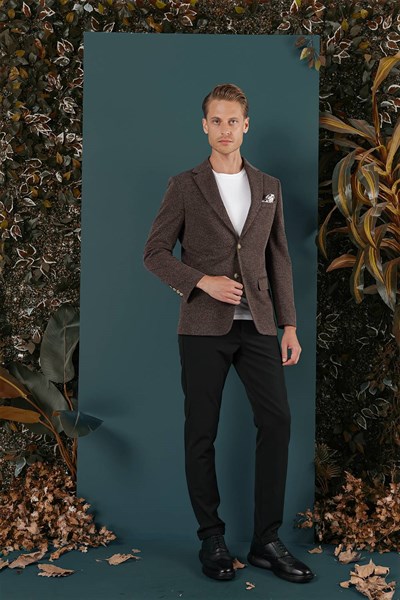 Slim Fit Çift Yırtmaç Kırçıllı Dokuma Esnek Yünlü Kahverengi Ceket C 653