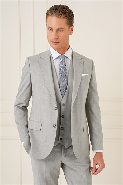 Slim Fit Çift Yırtmaç Kırçıllı Dokuma Gri Yelekli Takım Elbise TK 902