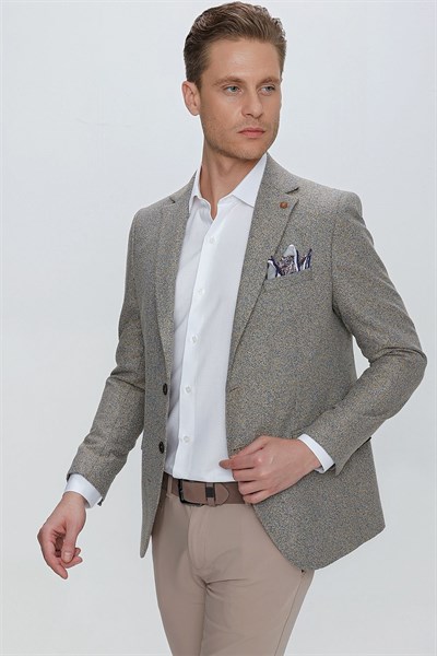 Slim Fit Çift Yırtmaç Kırçıllı Dokuma Camel Blazer Ceket C 633