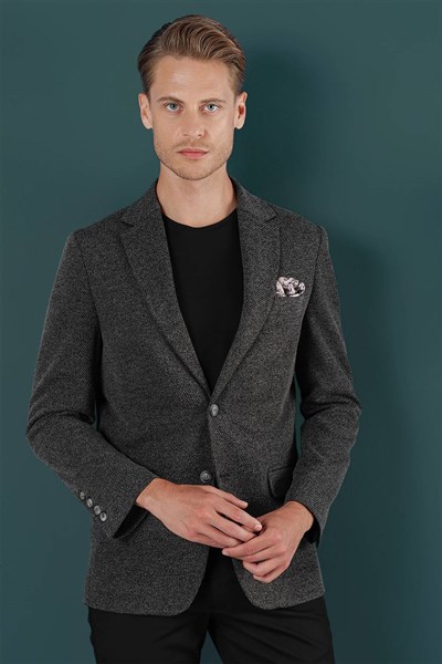 Slim Fit Çift Yırtmaç Kırçıllı Dokuma Esnek Yünlü Siyah Ceket C 653