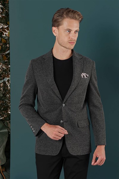 Slim Fit Çift Yırtmaç Kırçıllı Dokuma Esnek Yünlü Siyah Ceket C 653