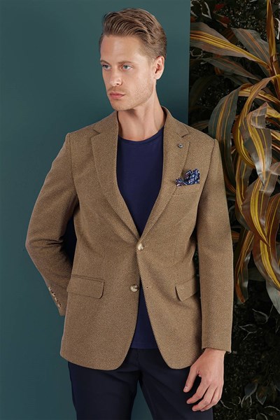 Slim Fit Çift Yırtmaç Kırçıllı Dokuma Esnek Yünlü Camel Ceket C 653