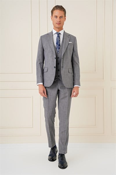 Slim Fit Çift Yırtmaç Kırçıllı Dokuma Lacivert Yelekli Takım Elbise TK 902