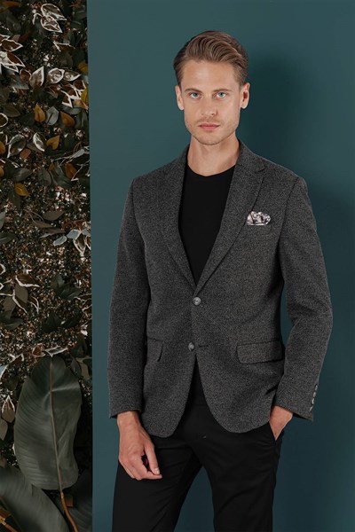 Slim Fit Çift Yırtmaç Kırçıllı Dokuma Esnek Yünlü Siyah Ceket C 653