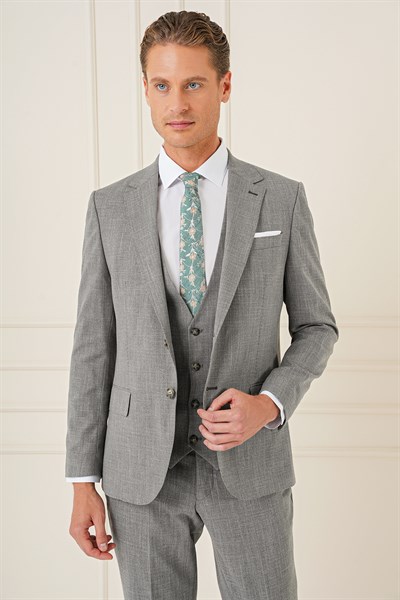 Slim Fit Çift Yırtmaç Kırçıllı Dokuma Haki Yelekli Takım Elbise TK 902