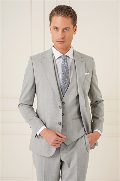 Slim Fit Çift Yırtmaç Kırçıllı Dokuma Gri Yelekli Takım Elbise TK 902