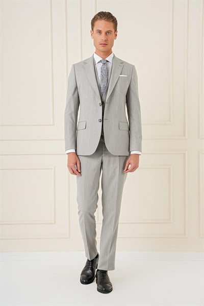 Slim Fit Çift Yırtmaç Kırçıllı Dokuma Gri Yelekli Takım Elbise TK 902