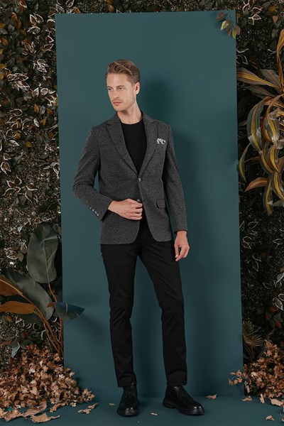 Slim Fit Çift Yırtmaç Kırçıllı Dokuma Esnek Yünlü Siyah Ceket C 653