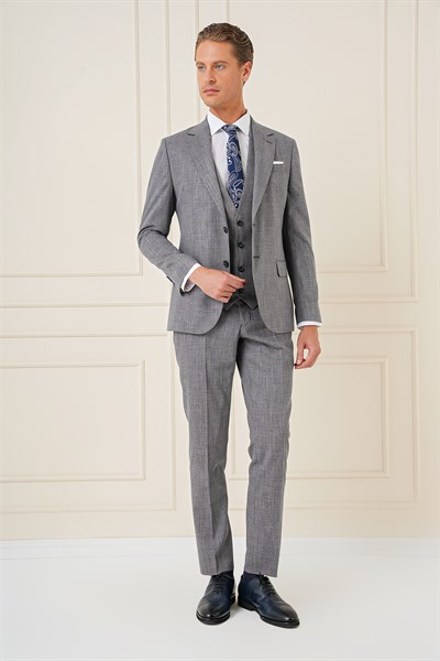 Slim Fit Çift Yırtmaç Kırçıllı Dokuma Lacivert Yelekli Takım Elbise TK 902
