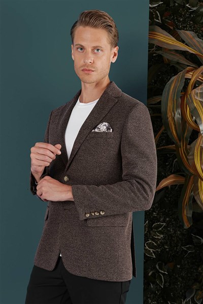 Slim Fit Çift Yırtmaç Kırçıllı Dokuma Esnek Yünlü Kahverengi Ceket C 653