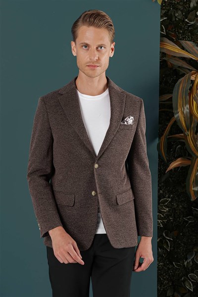 Slim Fit Çift Yırtmaç Kırçıllı Dokuma Esnek Yünlü Kahverengi Ceket C 653