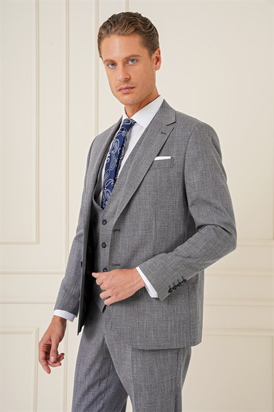 Slim Fit Çift Yırtmaç Kırçıllı Dokuma Lacivert Yelekli Takım Elbise TK 902