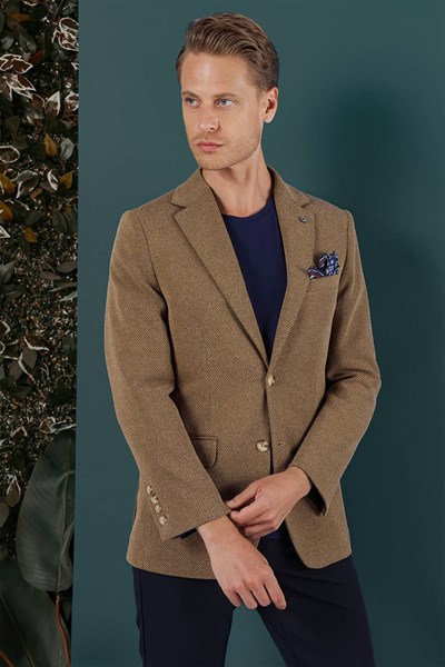 Slim Fit Çift Yırtmaç Kırçıllı Dokuma Esnek Yünlü Camel Ceket C 653