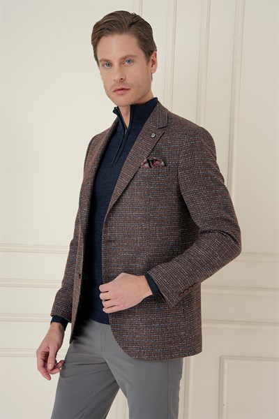 Slim Fit Çift Yırtmaç Kırçıllı Pötikare Dokuma %100 Yün Kiremit Ceket C 693