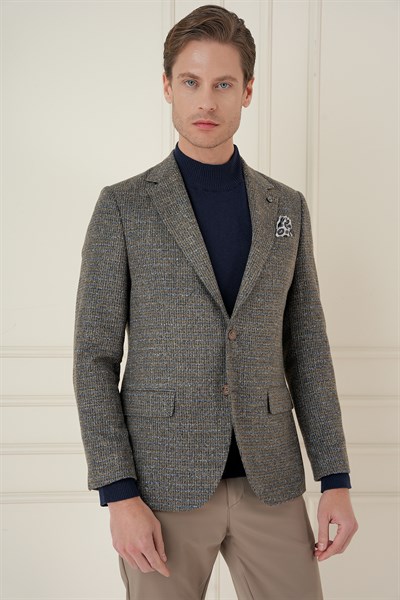 Slim Fit Çift Yırtmaç Kırçıllı Pötikare Dokuma %100 Yün Bej Ceket C 693