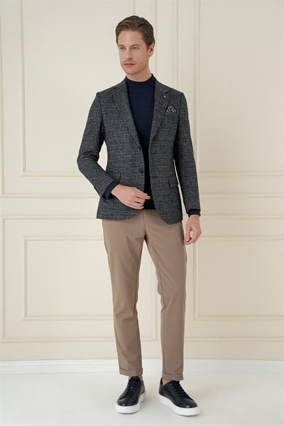 Slim Fit Çift Yırtmaç Kırçıllı Pötikare Dokuma %100 Yün Siyah Ceket C 693