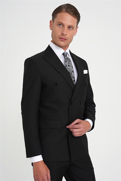 Slim Fit Çift Yırtmaç Kruvaze Klasik Siyah Takım Elbise Tk 919