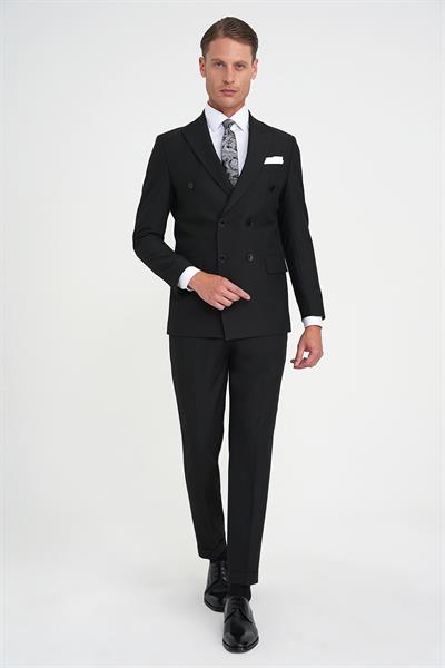 Slim Fit Çift Yırtmaç Kruvaze Klasik Siyah Takım Elbise Tk 919