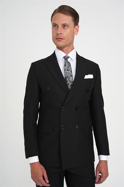 Slim Fit Çift Yırtmaç Kruvaze Klasik Siyah Takım Elbise Tk 919