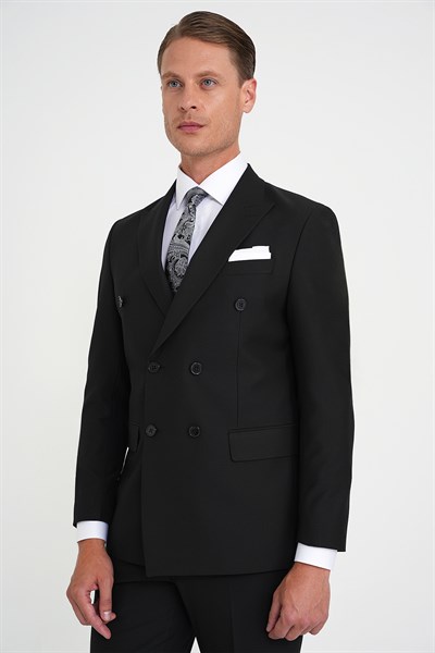 Slim Fit Çift Yırtmaç Kruvaze Klasik Siyah Takım Elbise Tk 919
