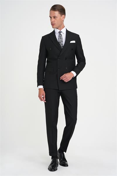 Slim Fit Çift Yırtmaç Kruvaze Klasik Siyah Takım Elbise Tk 919