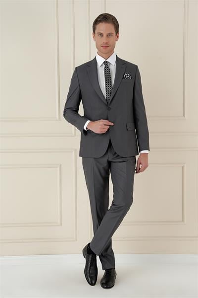 Slim Fit Çift Yırtmaç Mono Yaka Klasik Füme Takım Elbise Tk 912