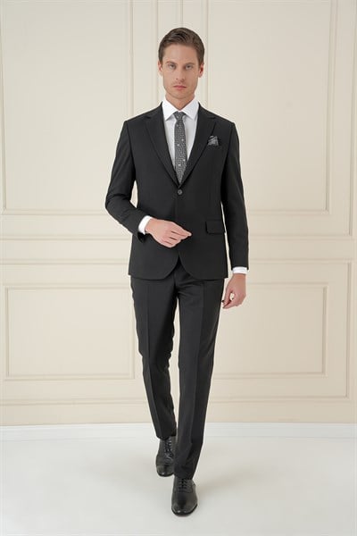 Slim Fit Çift Yırtmaç Mono Yaka Klasik Siyah Takım Elbise Tk 912