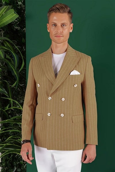 Slim Fit Çift Yırtmaç Pamuklu Çizgili Kruvaze Camel Ceket C 644